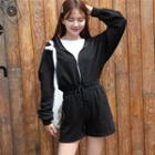 Zip-up Drawstring-waist Hooded Playsuit