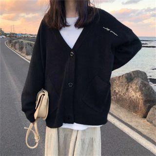 Letter Embroidered V-neck Knit Cardigan
