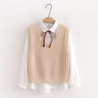 Set: Plain Shirt + Cable-knit Sweater Vest