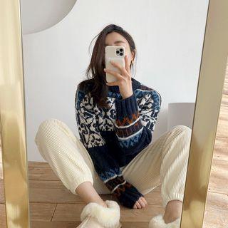 Drop-shoulder Patterned Wool Blend Sweater