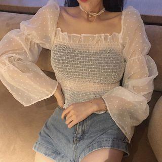 Dot Off-shoulder Long-sleeve Cropped Chiffon Top