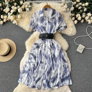 Short-sleeve Shirt Collar Print Mesh High-waist A-line Dress