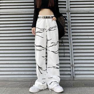 High Waist Zebra Print Distressed Jeans