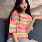 Elbow-sleeve Cropped Striped T-shirt Stripe - Pink & Green - One Size