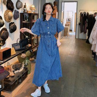 Elbow-sleeve Denim A-line Maxi Shirtdress
