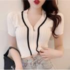 Contrast Trim Short-sleeve Cropped Zip-up Cardigan