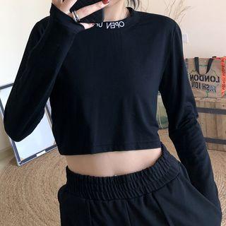 Long-sleeve Embroidered Cropped Top Lemon Yellow - One Size