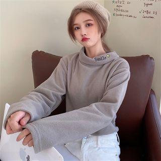 Mock-neck Smiley Face Embroidered Knit Top