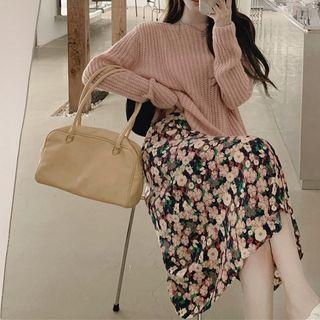 Plain Sweater / Flower Print Midi A-line Skirt