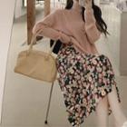 Plain Sweater / Flower Print Midi A-line Skirt