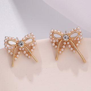 Rhinestone Faux Pearl Bow Earring 1 Pair - 925silver Earrings - One Size