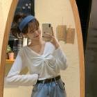 Long-sleeve V-neck Knot-front Top