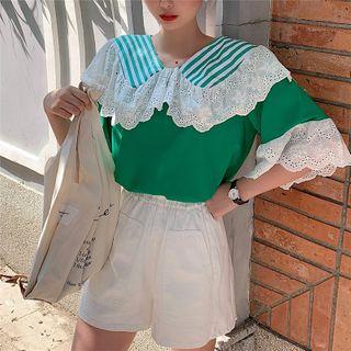 Collared Eyelet Trim Bell-sleeve Top Green - One Size