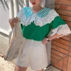 Collared Eyelet Trim Bell-sleeve Top Green - One Size