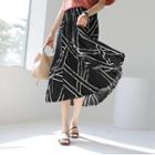 Band-waist Pattern Pleated Skirt Black - One Size