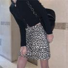 Long-sleeve Button Knit Top / Leopard Print Mini A-line Skirt