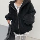 Oversized Hooded Fleece Jacket / Cutout Long T-shirt