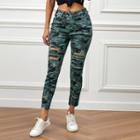 Mid Waist Camouflage Print Distressed Cropped Jeans