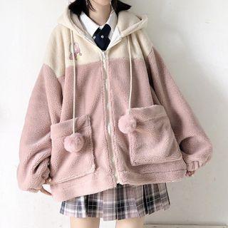 Color Block Fleece Rabbit Embroidered Jacket