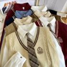 Set: Plain Loose Shirt + Embroidered Knit Vest With Tie In 9 Colors