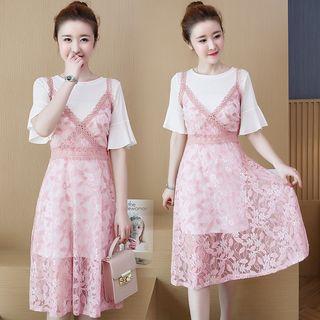 Set: Frilled Short-sleeve Dress + Lace Pinafore Dress