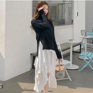 Turtleneck Sweater / High-low A-line Layered Skirt