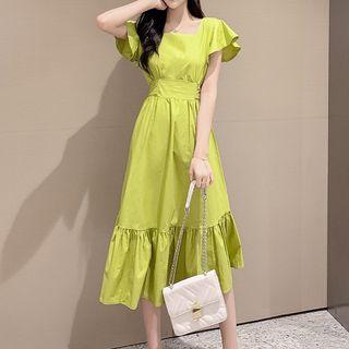 Ruffle-sleeve High-waist Midi Dress