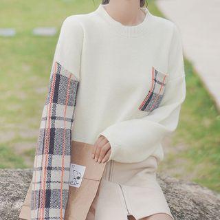 Color-block Plaid Sleeve Sweatshirt Off-white - One Size