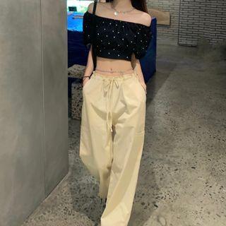 Short-sleeve Cropped Top / Wide Leg Pants