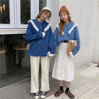 Lace Trim Peter Pan Collar Denim Shirt