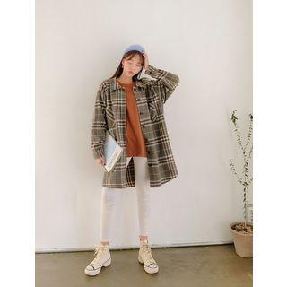 Belted Dual-pocket Napped Long Plaid Shirt