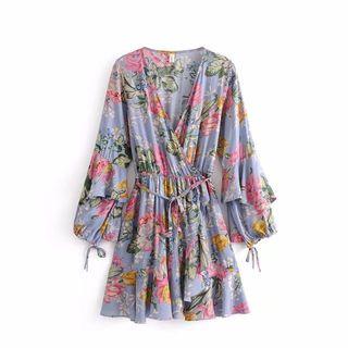 Floral V-neck Shirred A-line Dress