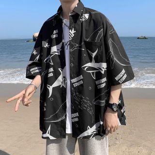 Whale Print Oversized Short Sleeve Shirt