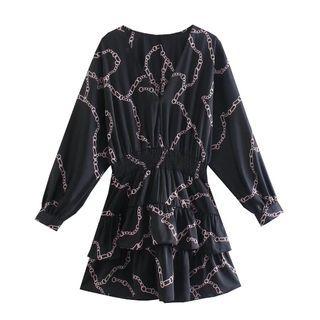 Long-sleeve Chain Print Tiered Mini A-line Dress