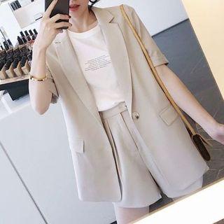 Set: Short-sleeve Single-button Blazer + Shorts