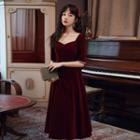 Short-sleeve Velvet A-line Evening Dress