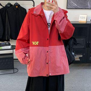 Long-sleeve Plaid Panel Lettering Hooded Jacket