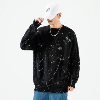 Frayed Graffiti Long-sleeve Plain Sweater