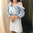 Check Off-shoulder 3/4-sleeve Shirt Dress