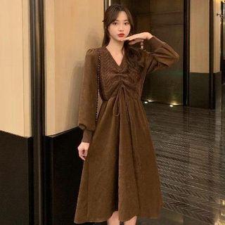 Lantern-sleeve V-neck Drawstring Dress