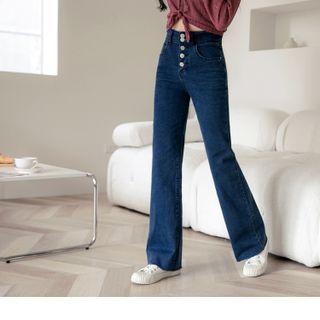 High Waist Button-up Frayed Boot-cut Jeans