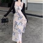 Plain Cardigan / Halter Floral Midi A-line Dress