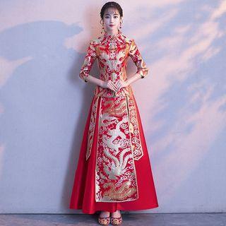 Set: Printed Elbow-sleeve Hanfu Blouse + Midi A-line Skirt