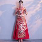 Set: Printed Elbow-sleeve Hanfu Blouse + Midi A-line Skirt