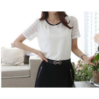 Short-sleeve Lace Panel Chiffon Top
