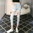 Mid Rise Washed Distressed Crop Skinny Jeans