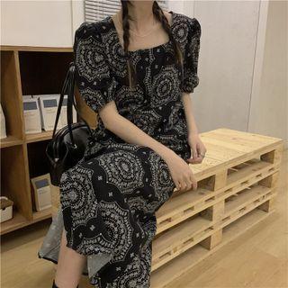 Short-sleeve Patterned Midi A-line Shirt Dress