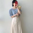 Floral Short-sleeve Blouse / High Waist Midi A-line Skirt / Set