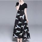 Short-sleeve Bird Print A-line Maxi Dress