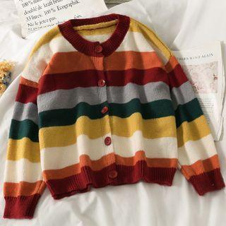 Rainbow-stripe Crew-neck Cardigan Wine Red - One Size